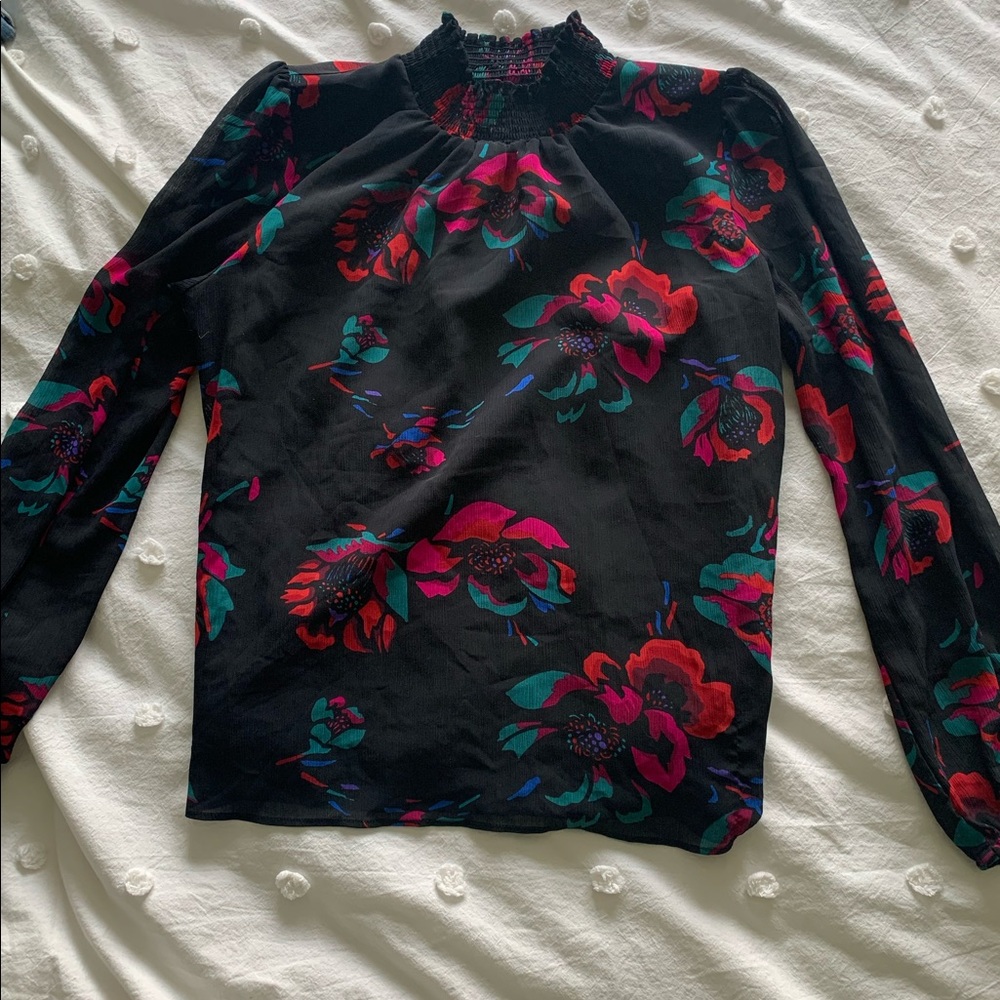 Sheer with black undershirt floral top from J crew • ruched neckline